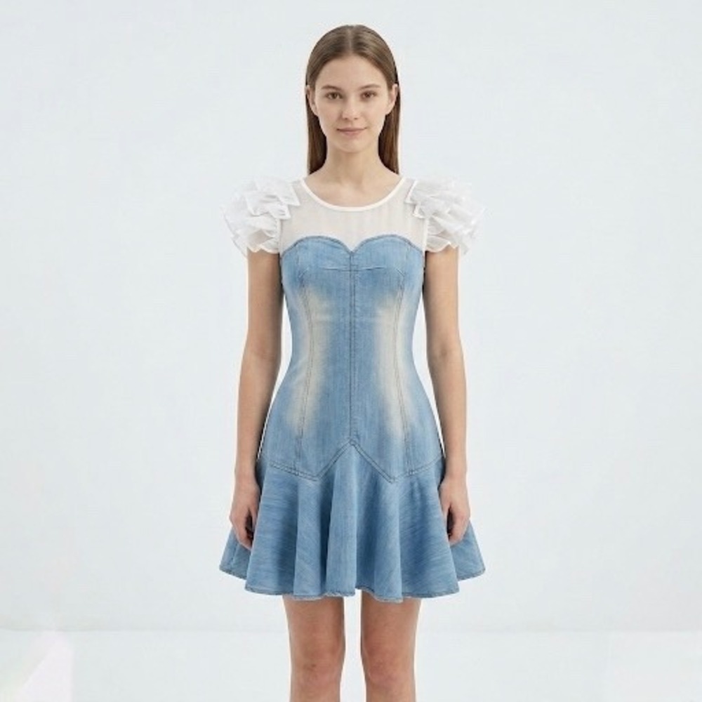 Denim Corset‎ Fit Flare Mini Dress Mesh Ruffle Sleeve Light Wash S Summer Casual